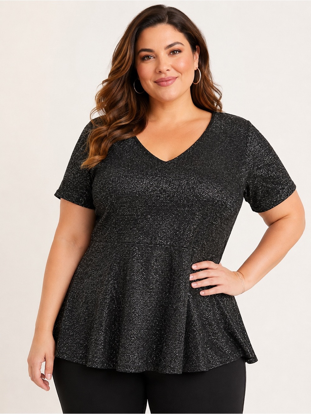 Addition Elle Black Metallic Sparkle Fit & Flare Top 3X Plus Size V Neck